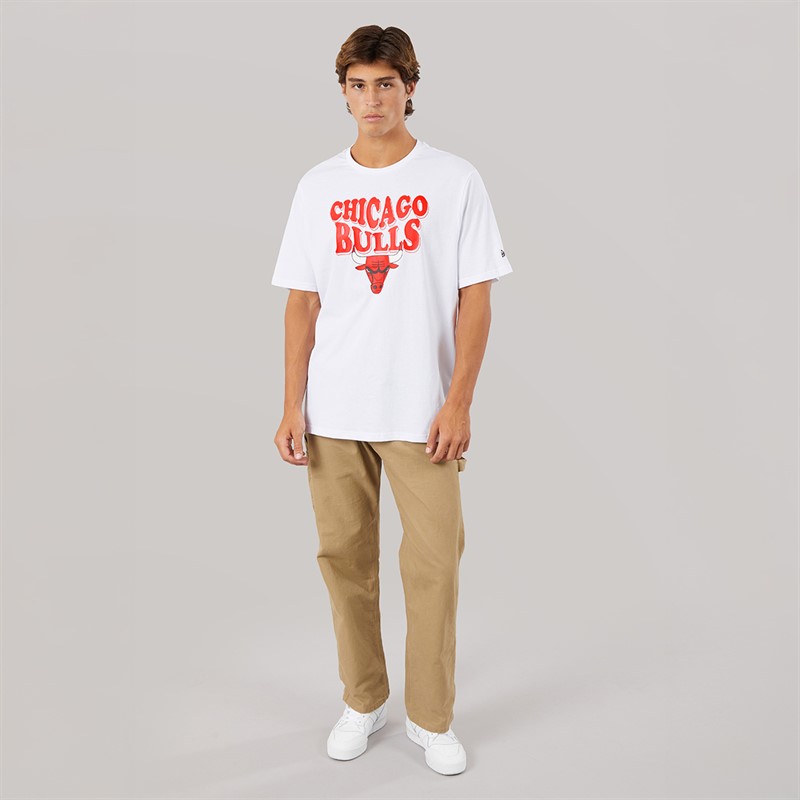 New Era Mens NBA Script Graphic Chicago Bulls T-Shirt te Whi