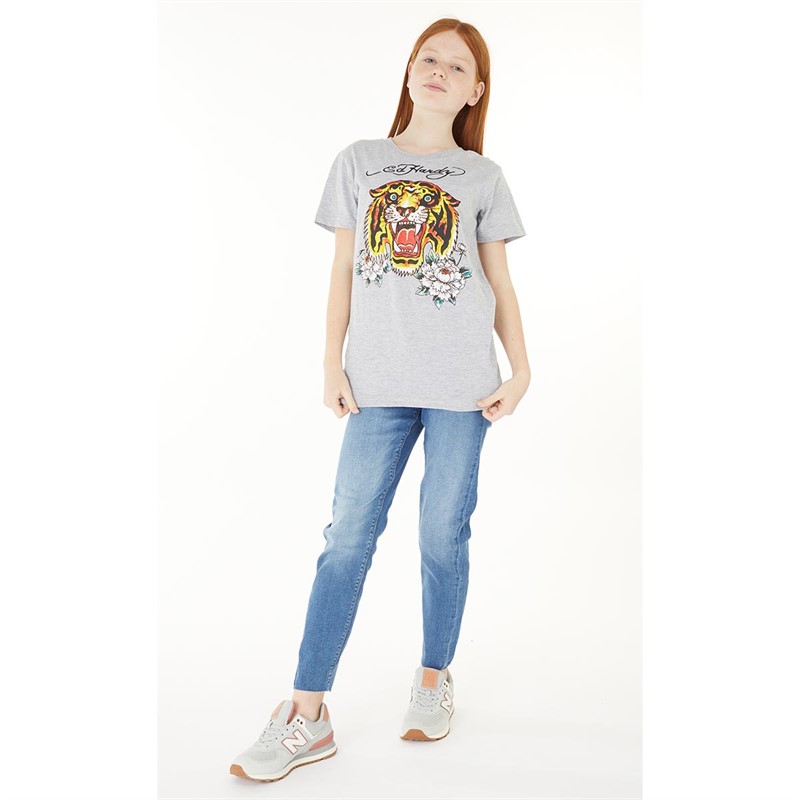 Ed Hardy Girls Tiger Print T-Shirt H-Grey