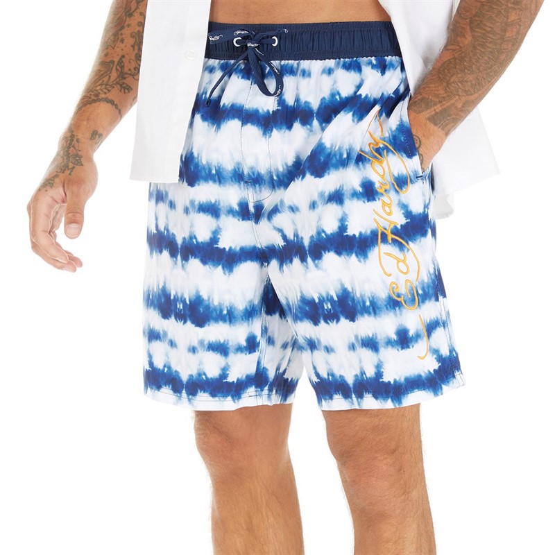 Ed Hardy Mens Woven Swim Shorts White/Twilight Blue