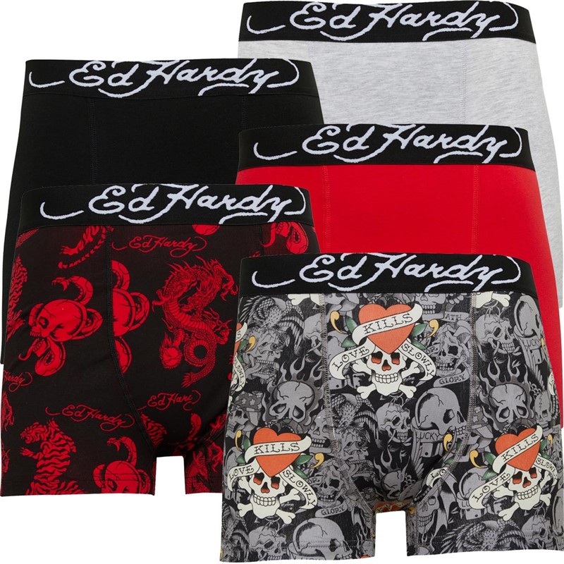 Ed Hardy Mens Novum Five Pack Boxers Black AOP/Red/Black AOP/Black/Grey Marl