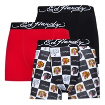 Ed Hardy Mens Tiasca Three Pack Boxers White AOP/Black/Red