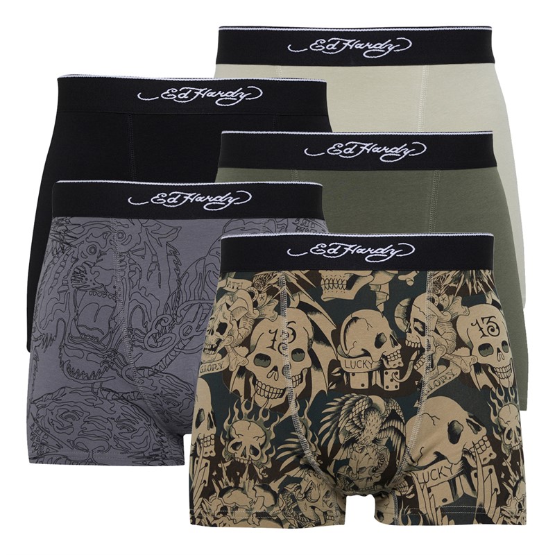 Ed Hardy Mens Arjin Five Pack Boxers Camo AOP/Black/Steel Grey AOP/Khaki/Stone