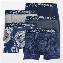 Ed Hardy Mens Sansone Five Pack Boxers Navy AOP/Navy Marl/Navy AOP/Grey Marl/Navy