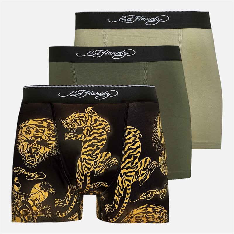 Ed Hardy Mens Nidas Three Pack Boxers Black Aop/Khaki/Stone