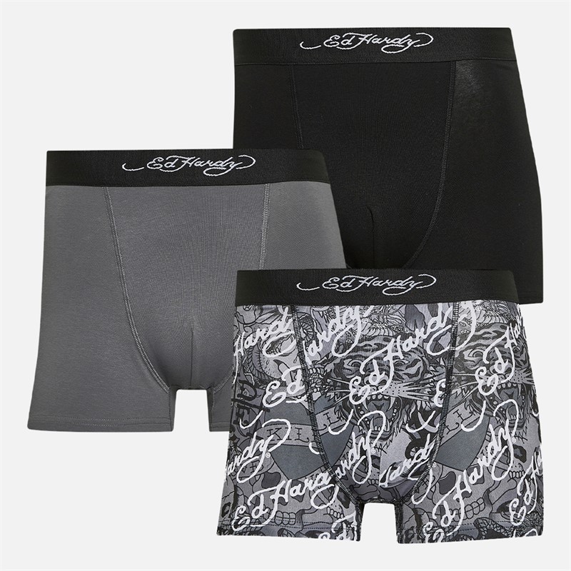 Ed Hardy Mens Diagono Three Pack Boxer Shorts Black AOP/Steel Grey/Black