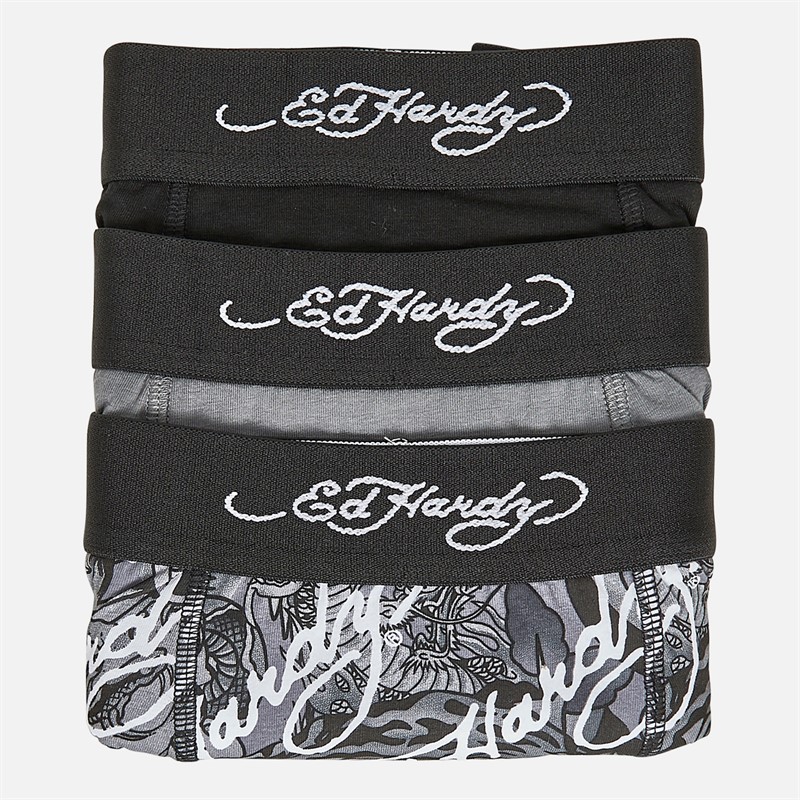 Ed Hardy Mens Diagono Three Pack Boxer Shorts Black AOP/Steel Grey/Black