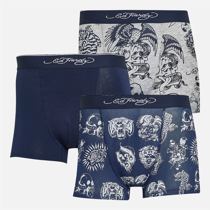 Ed Hardy Mens Asili Three Pack Boxers Navy AOP/Navy/Grey Marl AOP