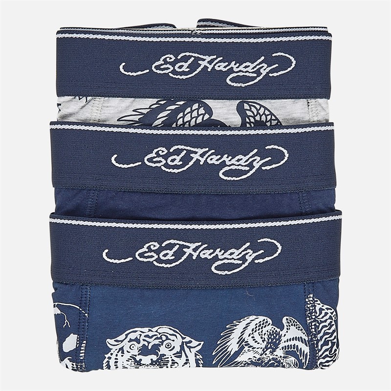 Ed Hardy Mens Asili Three Pack Boxers Navy AOP/Navy/Grey Marl AOP