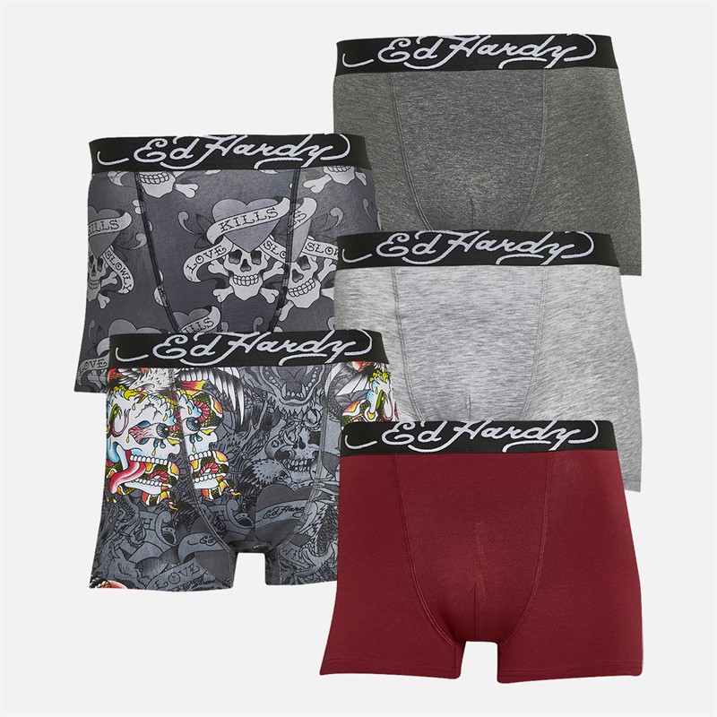 Ed Hardy Mens Gabor Five Pack Boxers Black AOP/Grey Marl/Black AOP/Burgundy/Charcoal Marl