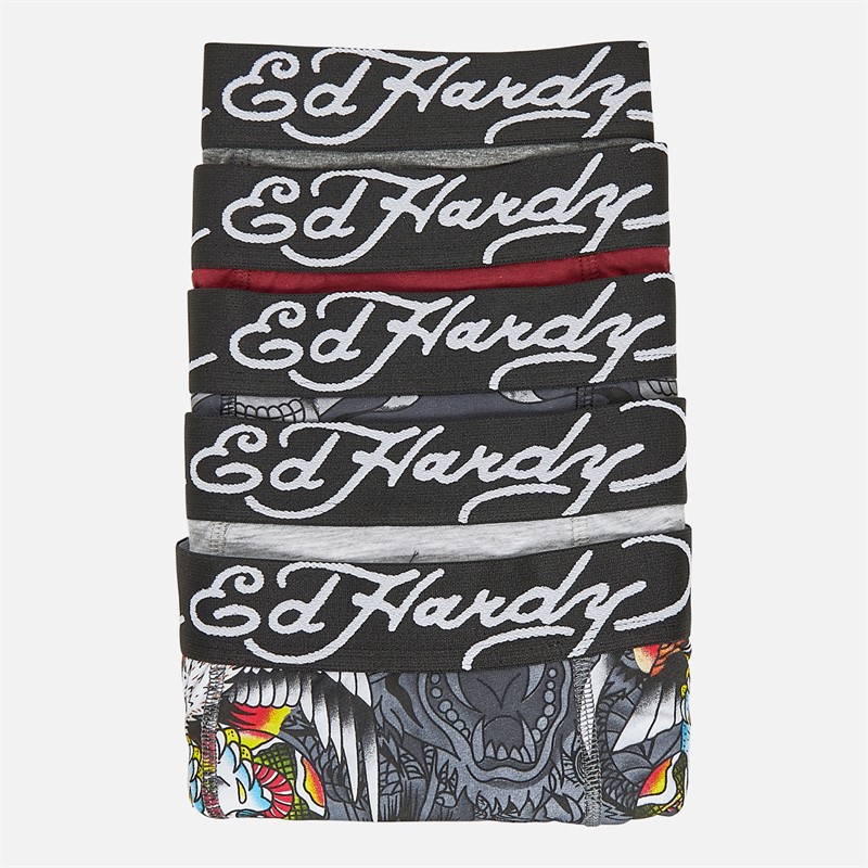 Ed Hardy Mens Gabor Five Pack Boxers Black AOP/Grey Marl/Black AOP/Burgundy/Charcoal Marl