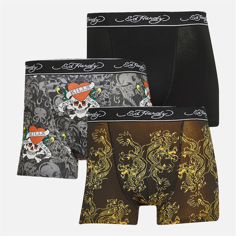 Ed Hardy Mens Andolo Three Pack Boxer Shorts Black AOP/Black/Black AOP