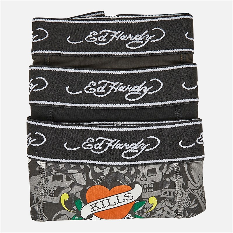 Ed Hardy Mens Andolo Three Pack Boxer Shorts Black AOP/Black/Black AOP