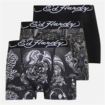 Ed Hardy Mens Greenbrow Three Pack Boxer Shorts Black Black Aop/Black/Black Aop