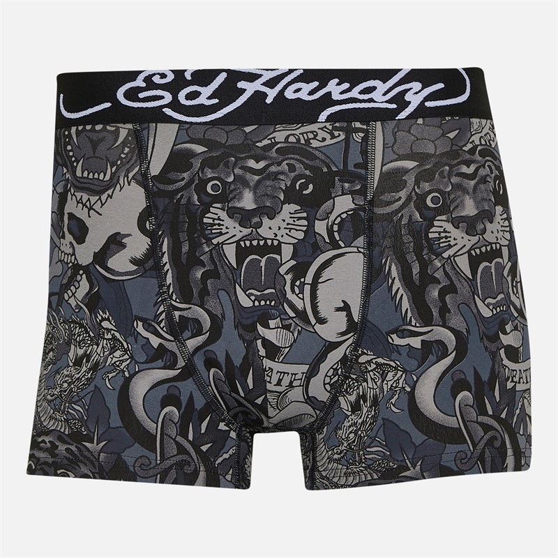 Ed Hardy Mens Greenbrow Three Pack Boxer Shorts Black Black Aop/Black/Black Aop
