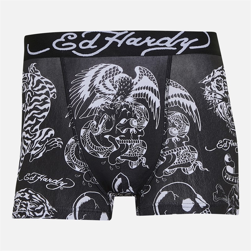 Ed Hardy Mens Greenbrow Three Pack Boxer Shorts Black Black Aop/Black/Black Aop