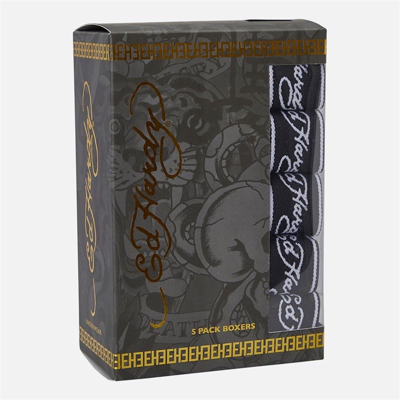 Ed Hardy Mens Daxin Five Pack Boxers Black/Charcoal/Grey