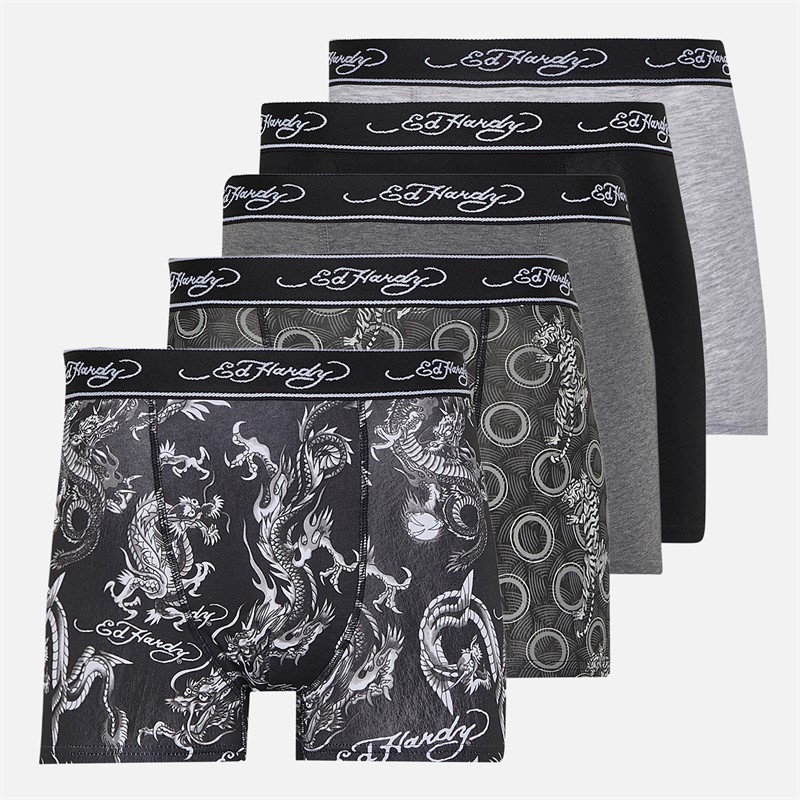Ed Hardy Mens Daxin Five Pack Boxers Black/Charcoal/Grey