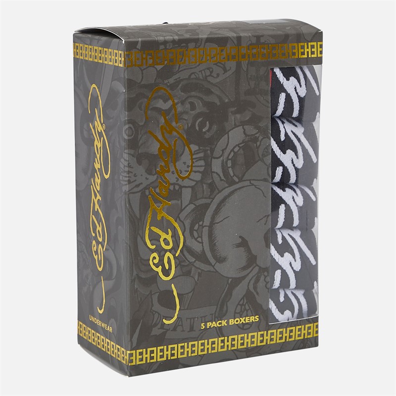 Ed Hardy Mens Aravos Five Pack Boxers White Aop/Black Aop/Black/Coal