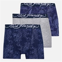 Ed Hardy Mens Lancel Three Pack Boxer Shorts Navy AOP/Grey