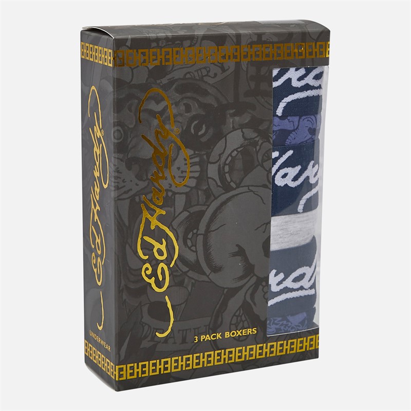 Ed Hardy Mens Lancel Three Pack Boxer Shorts Navy AOP/Grey