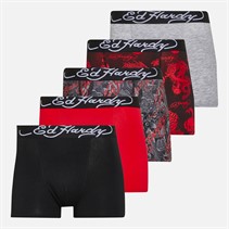 Ed Hardy Mens Athieu Five Pack Boxer Shorts Black AOP/Grey Marl/Black AOP/Black/Red