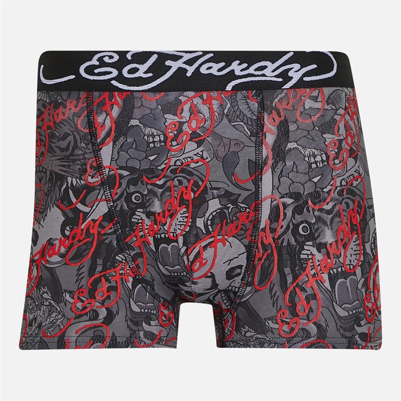 Ed Hardy Mens Athieu Five Pack Boxer Shorts Black AOP/Grey Marl/Black AOP/Black/Red