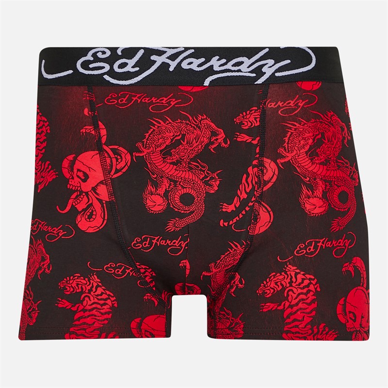 Ed Hardy Mens Athieu Five Pack Boxer Shorts Black AOP/Grey Marl/Black AOP/Black/Red