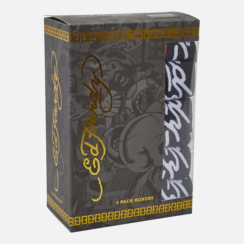 Ed Hardy Mens Athieu Five Pack Boxer Shorts Black AOP/Grey Marl/Black AOP/Black/Red