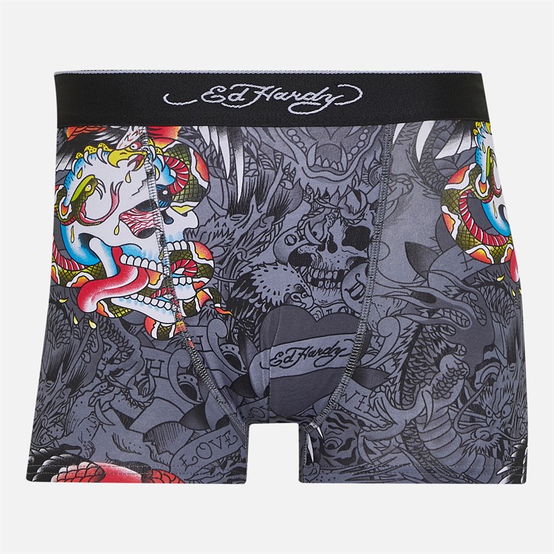 Ed Hardy Mens Venri Three Pack Boxer Shorts Dark Grey AOP/Charcoal