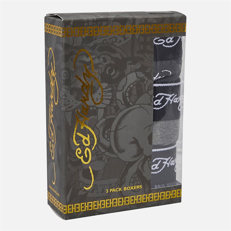 Ed Hardy Mens Venri Three Pack Boxer Shorts Dark Grey AOP/Charcoal