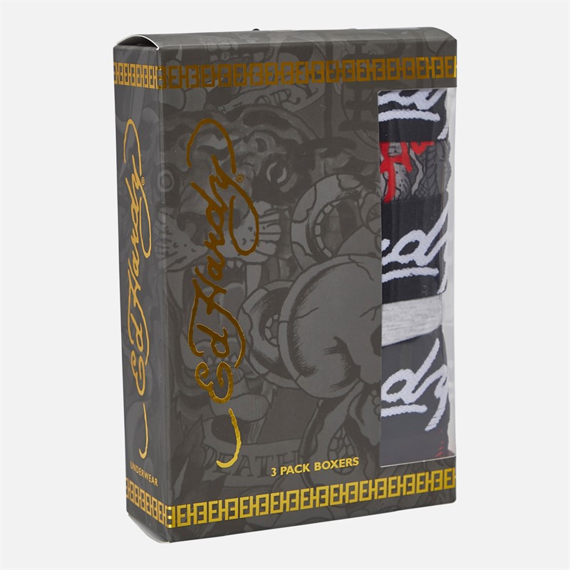 Ed Hardy Mens Rhasto Three Pack Boxers Black AOP/Grey Marl