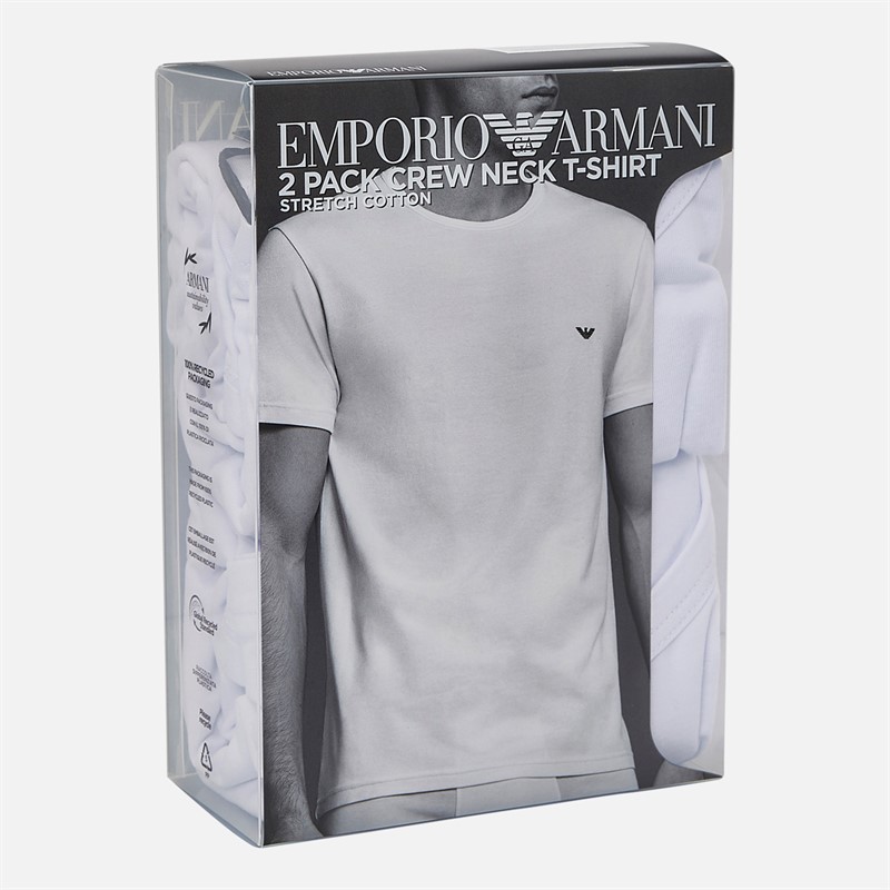 Emporio Armani Mens Two Pack Round Neck T-Shirts White/White Blue Logo