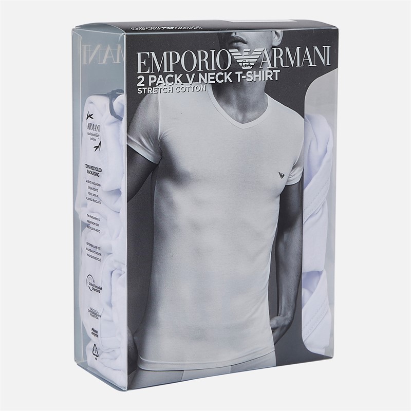 Emporio Armani Mens Two Pack V Neck T-Shirts White/White Blue Logo
