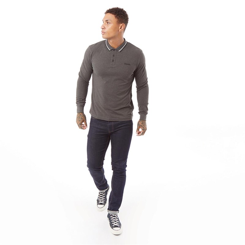Bench Mens Telles Long Sleeve Polo With Tipping Charcoal Marl