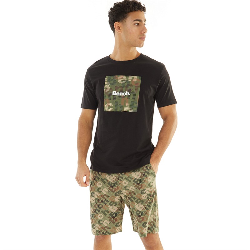 Bench Herre Poria T-shirt og Shorts Loungewear Sæt Sort/Khaki/AOP