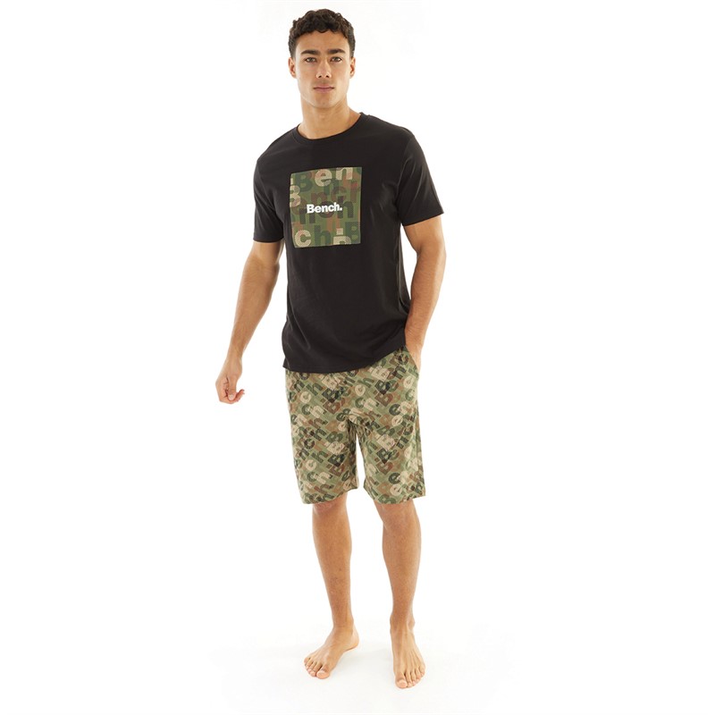 Bench Herre Poria T-shirt og Shorts Loungewear Sæt Sort/Khaki/AOP