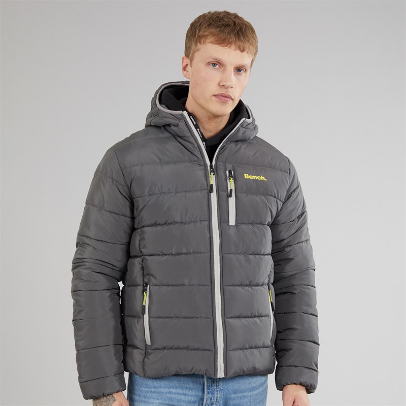 Bench Mens Gaudino Hooded Puffer Jacket Dark Grey
