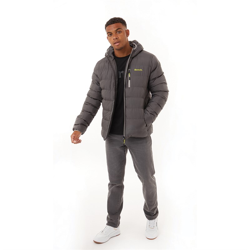 Bench Mens Gaudino Hooded Puffer Jacket Dark Grey