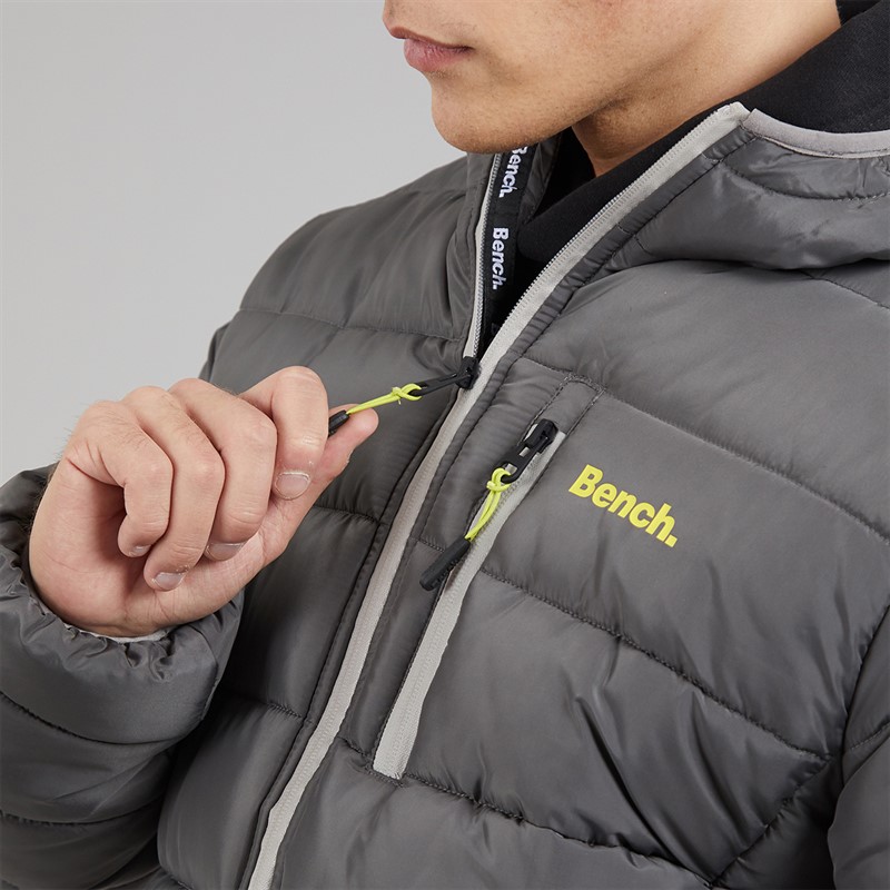 Bench Mens Gaudino Hooded Puffer Jacket Dark Grey