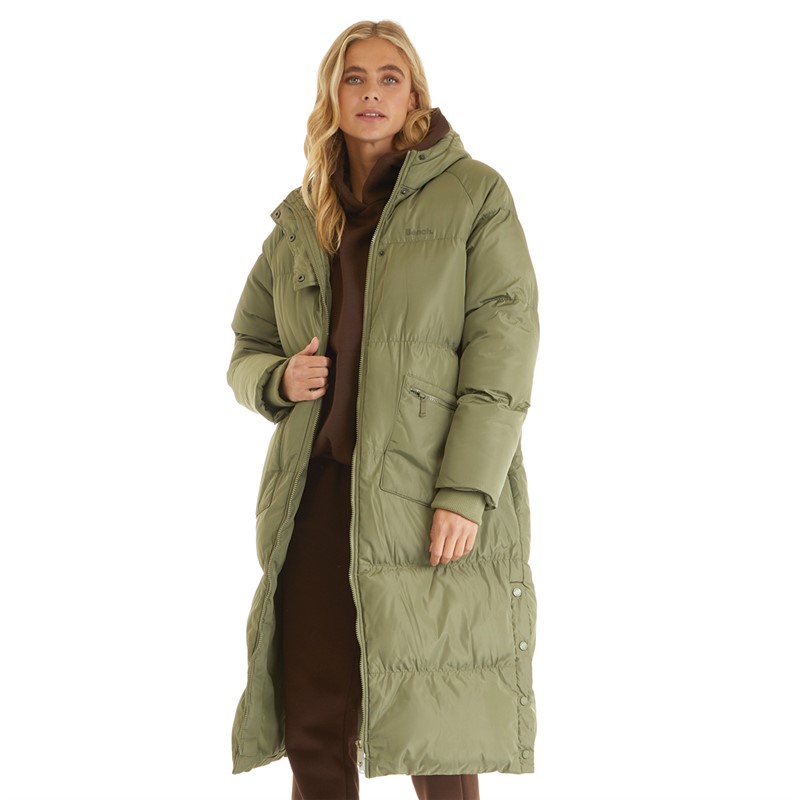 Bench Womens Dans Long Hooded Puffer Jacket Khaki