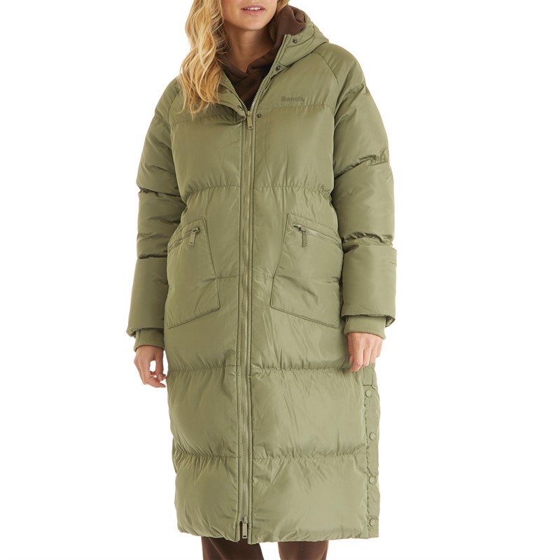 Bench Womens Dans Long Hooded Puffer Jacket Khaki