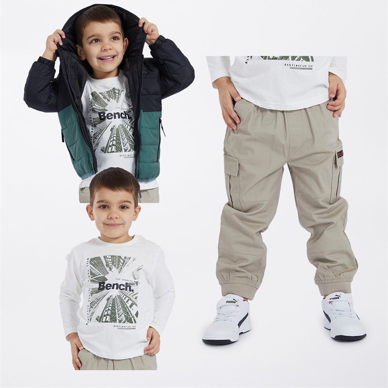 Bench Boys Puffer Coat Long Sleeve T-Shirt And Cargo Trouser Set Black