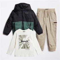 Bench Boys Puffer Coat Long Sleeve T-Shirt And Cargo Trouser Set Black