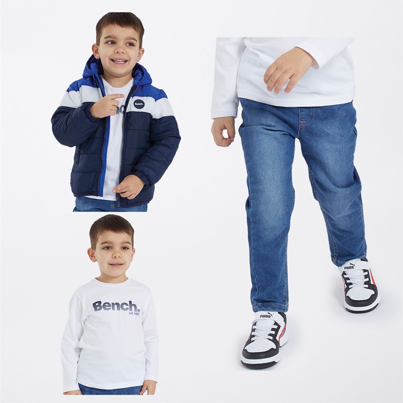 Bench Boys Puffer Coat Long Sleeve T-Shirt And Jeans Set Navy