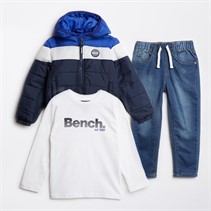 Bench Ensemble Garçon : Blouson Doudoune, T-Shirt à Manches Longues et Jean, Bleu Marine