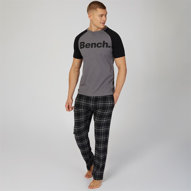 Bench Mens Dunnit Loungewear T-Shirt And Flannel Pants Set Steel Grey/Black Check