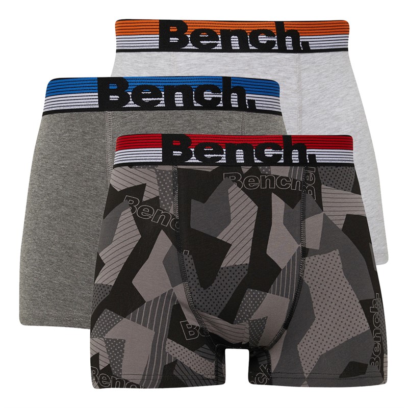 Bench Mens Malas Three Pack Boxer Shorts Geometric Camo AOP/Charcoal Marl/Grey Marl