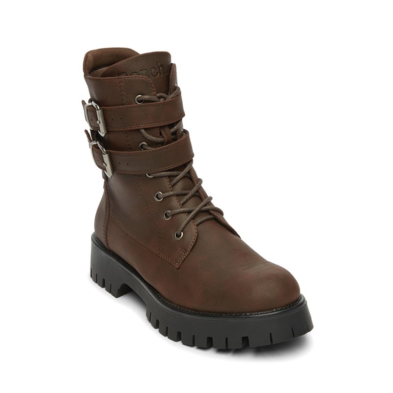 Bench Womens Tatton Buckled Biker Boots Brown