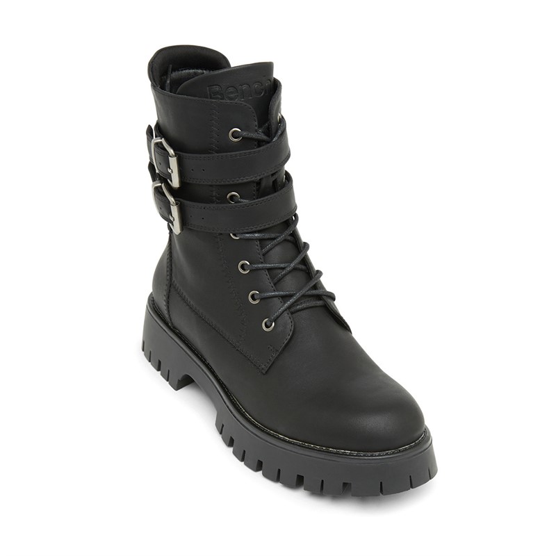 Bench Womens Tatton Buckled Biker Boots Black