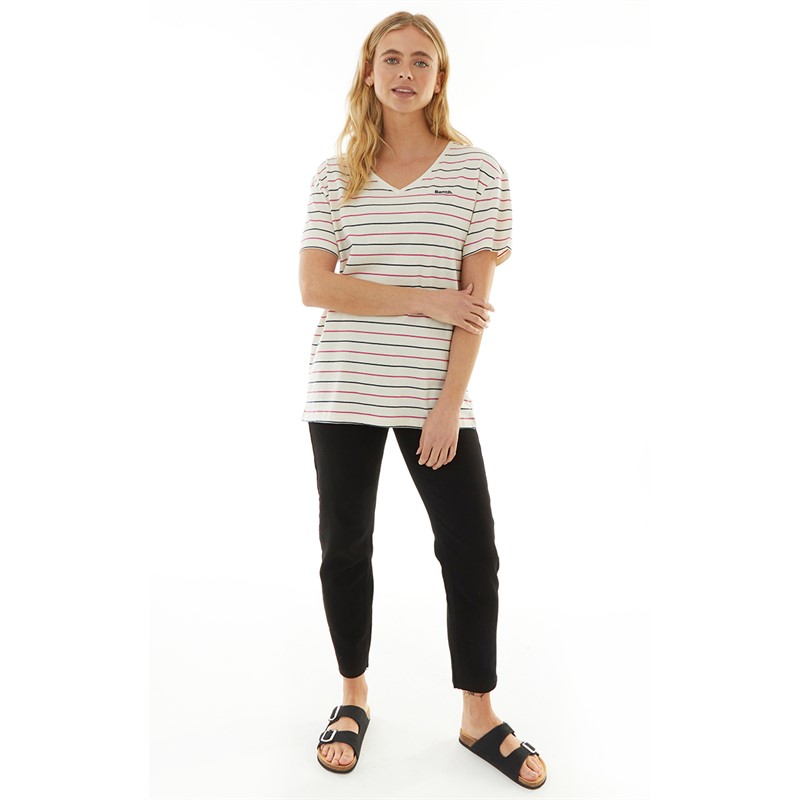 Bench Womens Zaya V-Neck T-Shirt White Stripe